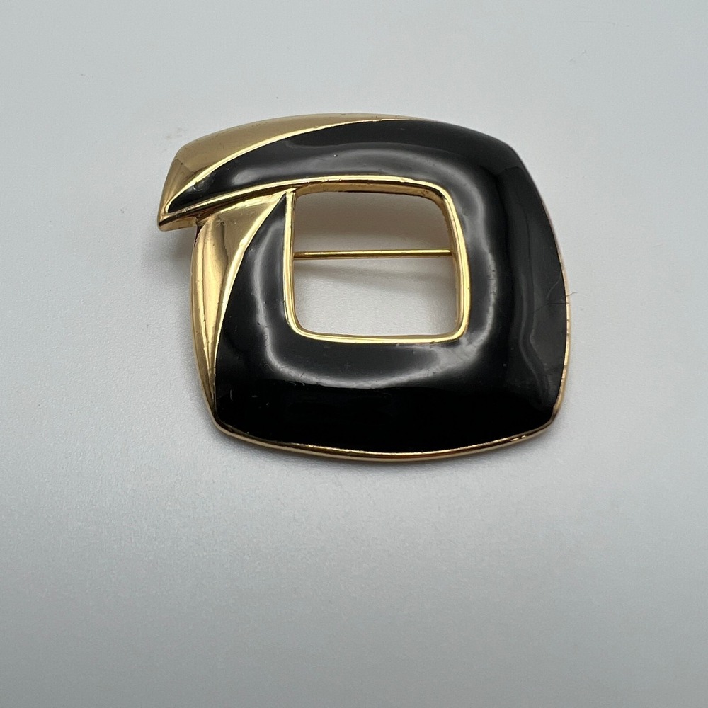 Vintage Monet Brooch Gold Tone and Black Enamel Square Pin